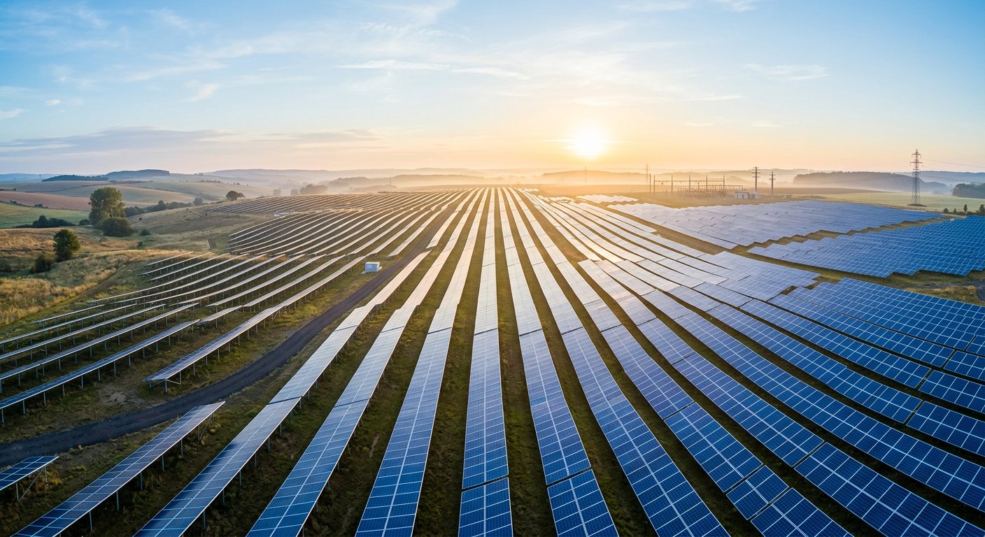 Modern solar farm at sunrise — clean energy infrastructure