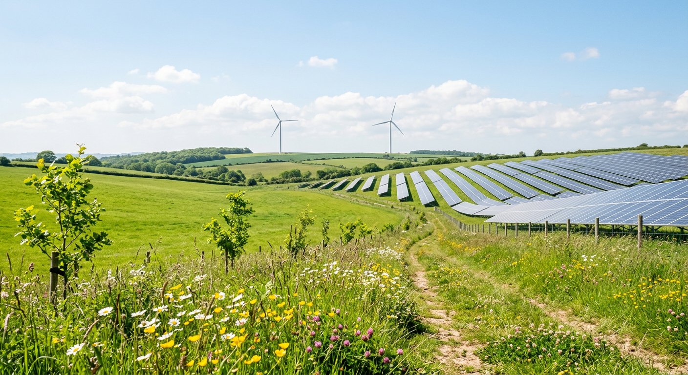 Solar panels in a green meadow with wind turbines